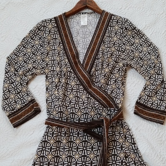 Faux Wrap Tan Brown White Tribal Print Dress - Picture 5 of 8